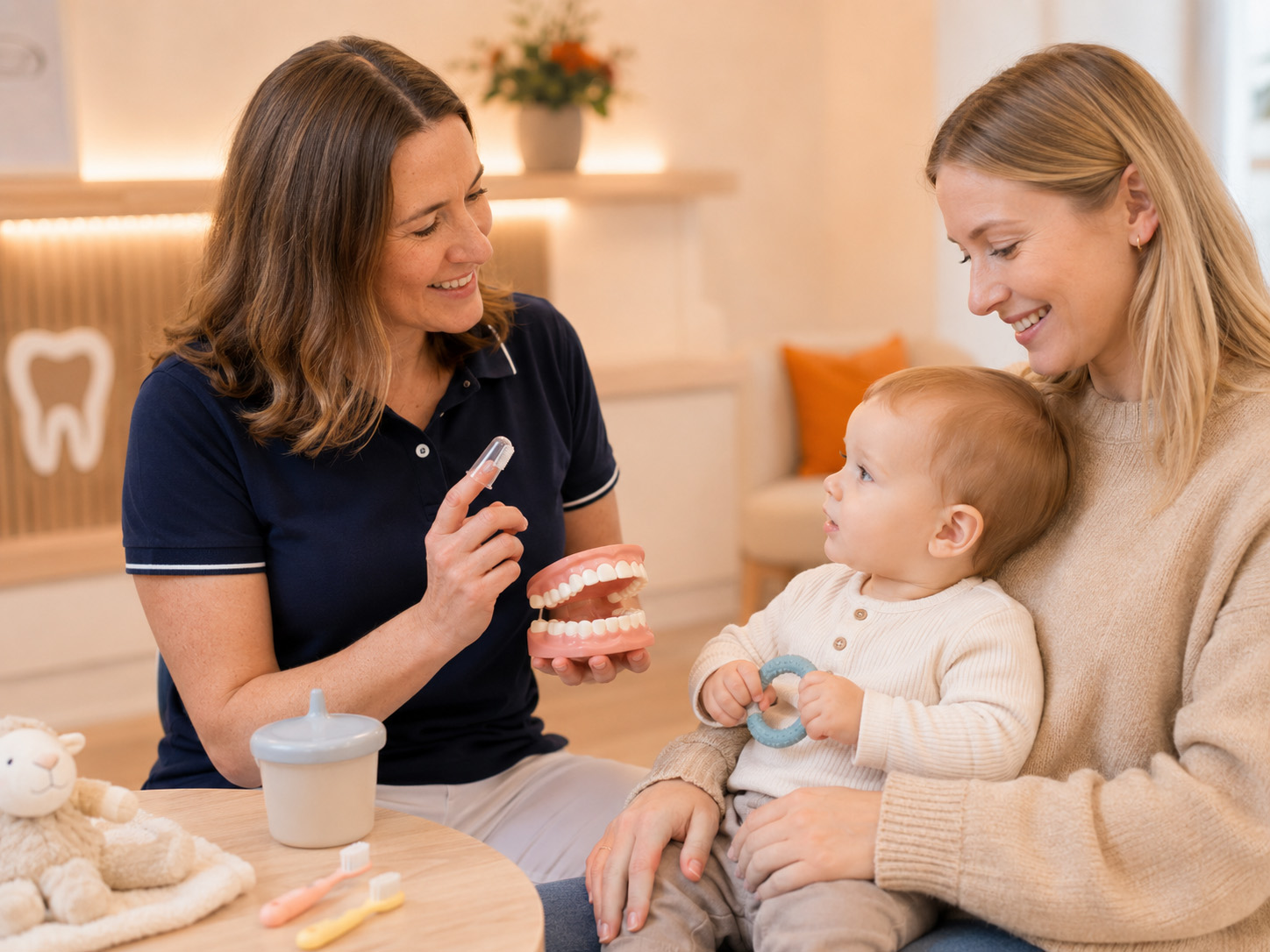 Erste Zahnpflege beim Baby Eine Frau hält ein Baby auf dem Schoß, während eine andere Frau, möglicherweise eine Zahnärztin, ihnen in einer Zahnarztpraxis ein Zahnmodell und eine Zahnbürste zeigt.