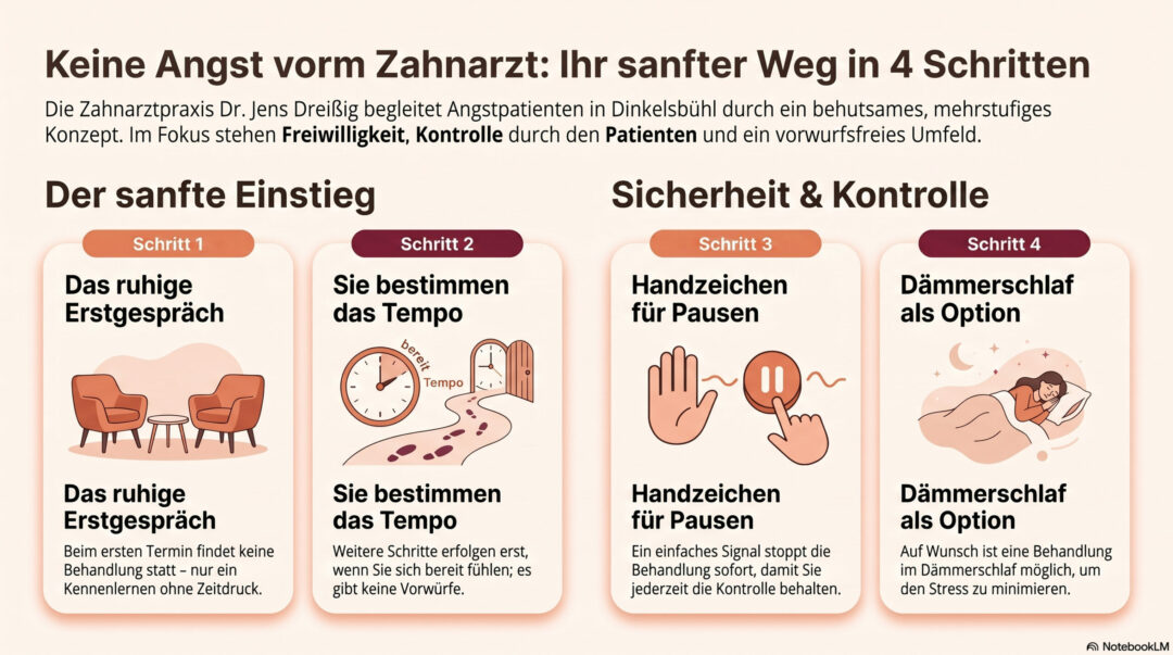 Die Infografik zeigt vier Schritte gegen Zahnarztangst: ein ruhiges Erstgespräch, ein individuelles Tempo, Handzeichen für Pausen und Dämmerschlaf während des Termins. Der Fokus liegt auf Sicherheit, Kontrolle und einer vertrauensvollen Umgebung.