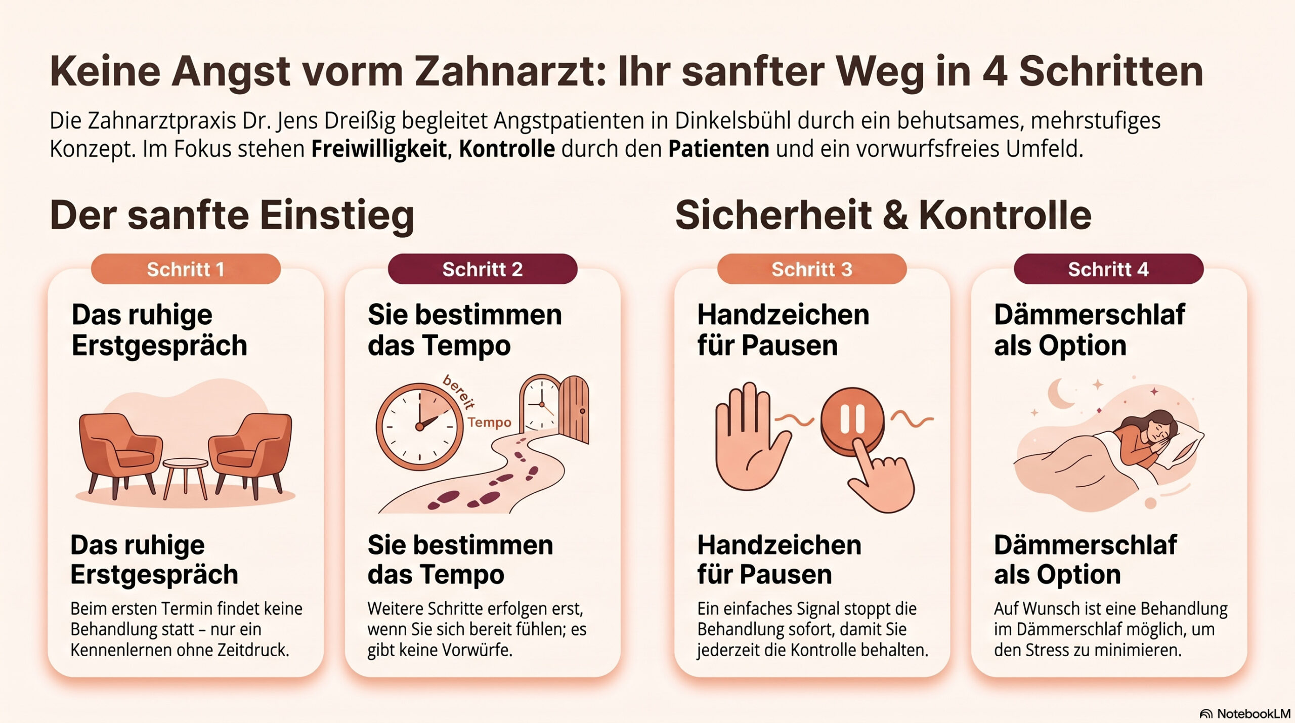 Die Infografik zeigt vier Schritte gegen Zahnarztangst: ein ruhiges Erstgespräch, ein individuelles Tempo, Handzeichen für Pausen und Dämmerschlaf während des Termins. Der Fokus liegt auf Sicherheit, Kontrolle und einer vertrauensvollen Umgebung.