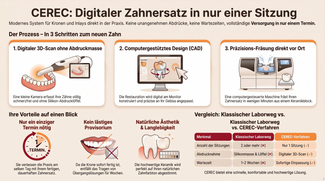 Infografik zu CEREC: zeigt den 3-Schritte-Prozess aus 3D-Scan, CAD-Design und Präzisionsfräsung sowie einen Vergleich von klassischem Laborweg und CEREC-Verfahren bei Sitzungen, Abdrucknahme und Wartezeit.