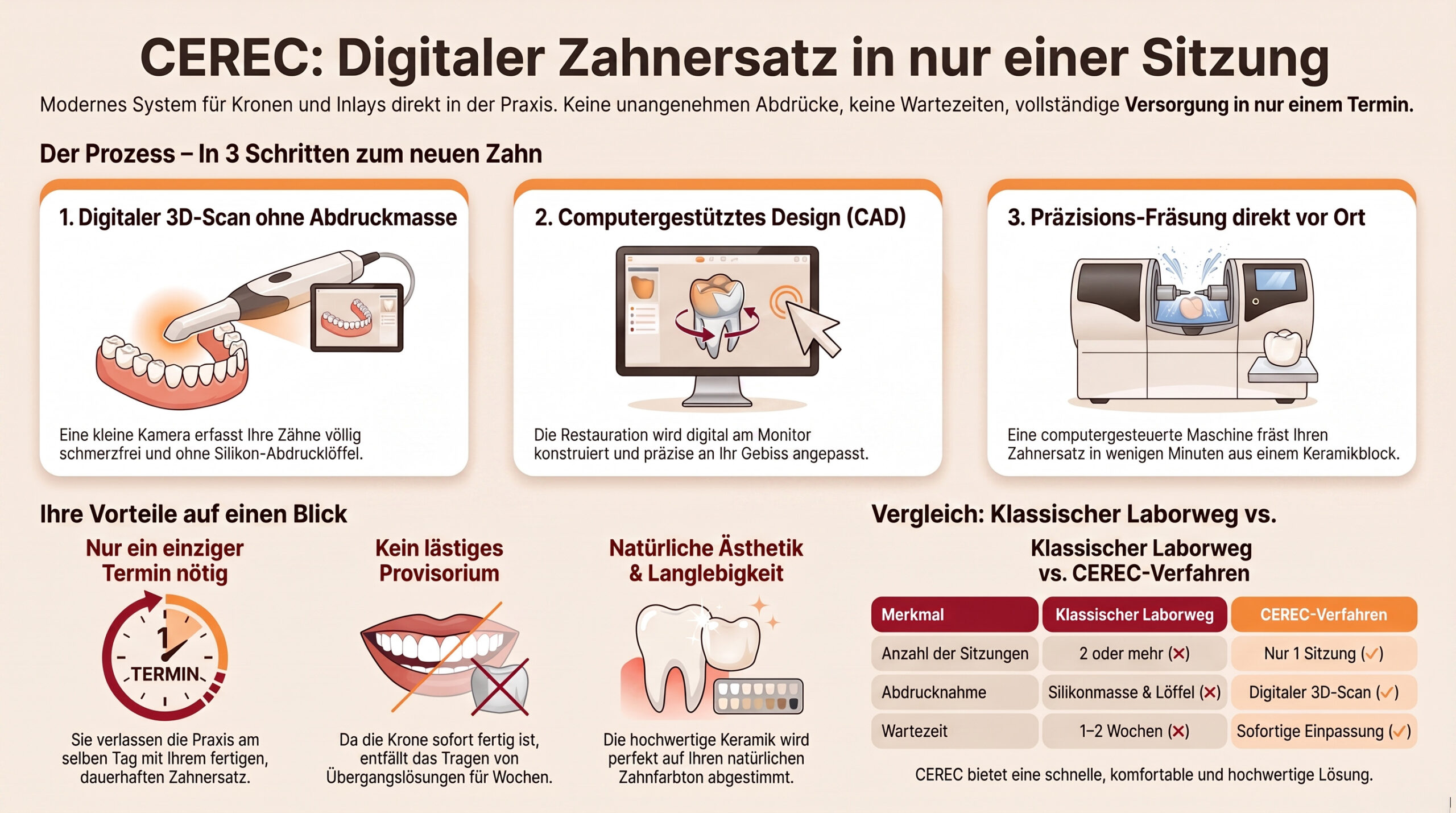 Infografik zu CEREC: zeigt den 3-Schritte-Prozess aus 3D-Scan, CAD-Design und Präzisionsfräsung sowie einen Vergleich von klassischem Laborweg und CEREC-Verfahren bei Sitzungen, Abdrucknahme und Wartezeit.