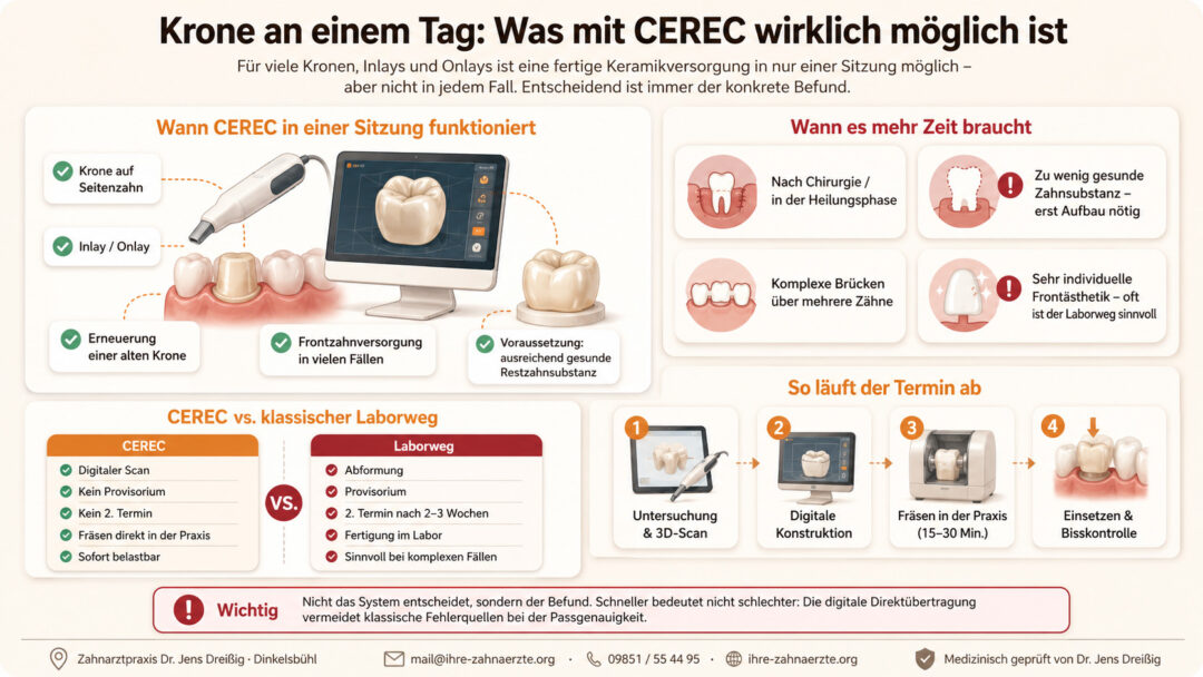 Die Infografik zeigt, wie der CEREC-Zahnersatz in einer Sitzung funktioniert, vergleicht das herkömmliche Laborverfahren und erläutert den Ablauf des Termins. Farbige Markierungen und Symbole verdeutlichen die Vorteile der schnellen Behandlung mit CEREC.