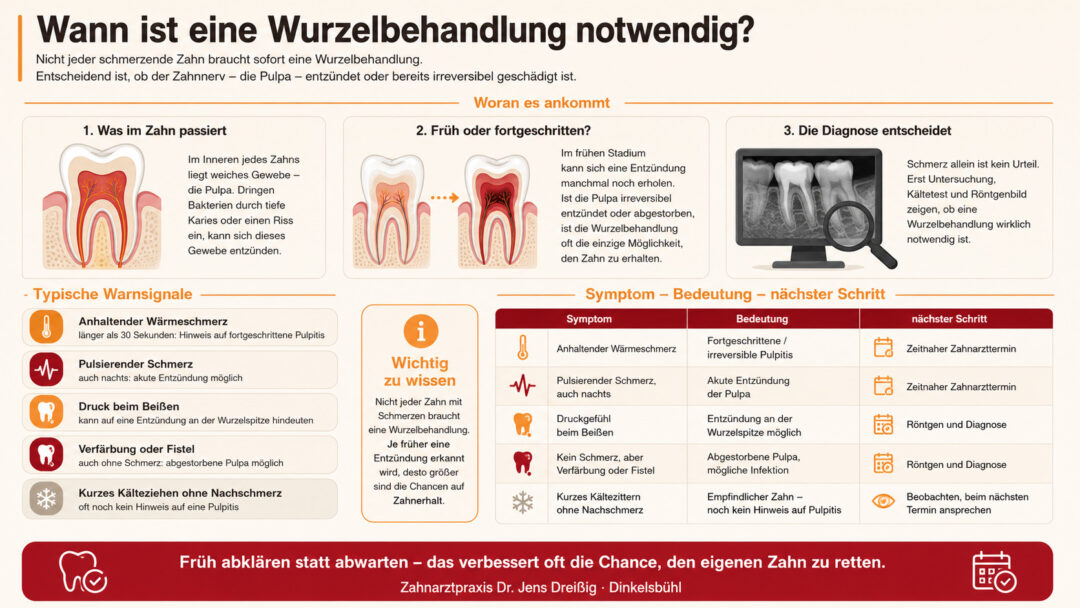 Eine Infografik erklärt, wann eine Wurzelbehandlung erforderlich ist. Sie zeigt Zahnquerschnitte, Warnzeichen, Symptome, Behandlungsentscheidungen und die nächsten Schritte bei Entzündungen oder Schmerzen. Farben: Rot, Beige, Braun.