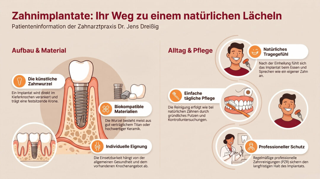 Das Diagramm erklärt Zahnimplantate und zeigt den Aufbau des Implantats im Zahnfleisch, die verwendeten Materialien sowie Tipps zur täglichen Pflege. Die Abbildungen zeigen einen Zahn, zahnärztliche Instrumente und Menschen beim Zähneputzen. Der Text ist auf Deutsch verfasst und hebt die Vorteile von Implantaten sowie deren Pflege hervor.
