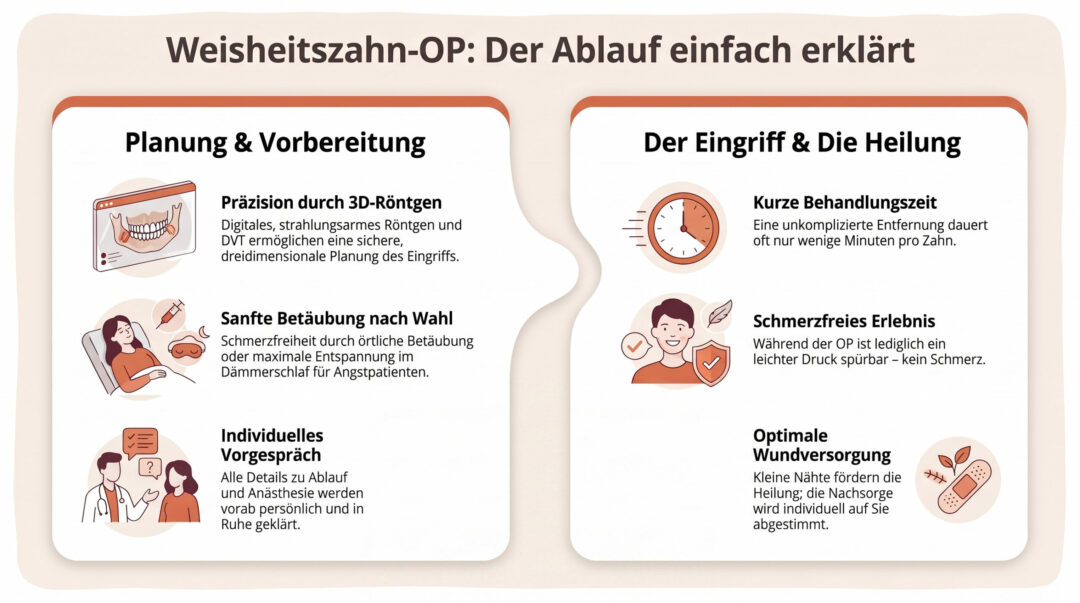 Die Infografik erläutert den Ablauf einer Weisheitszahn-OP anhand von Illustrationen zu den Themen Planung, Betäubung, individuelle Vorgespräche, kurze Behandlungsdauer, schmerzfreie Behandlung und optimale Wundversorgung.