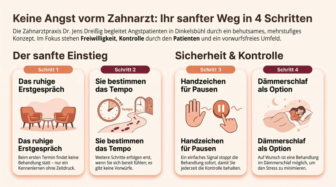 Infografik über angstfreie Zahnarztbesuche in vier Schritten mit Symbolen und kurzen Erklärungen zu sanftem Einstieg, selbstbestimmtem Tempo, Handzeichen für Pausen und Behandlung mit der Option des Dämmerschlafs.