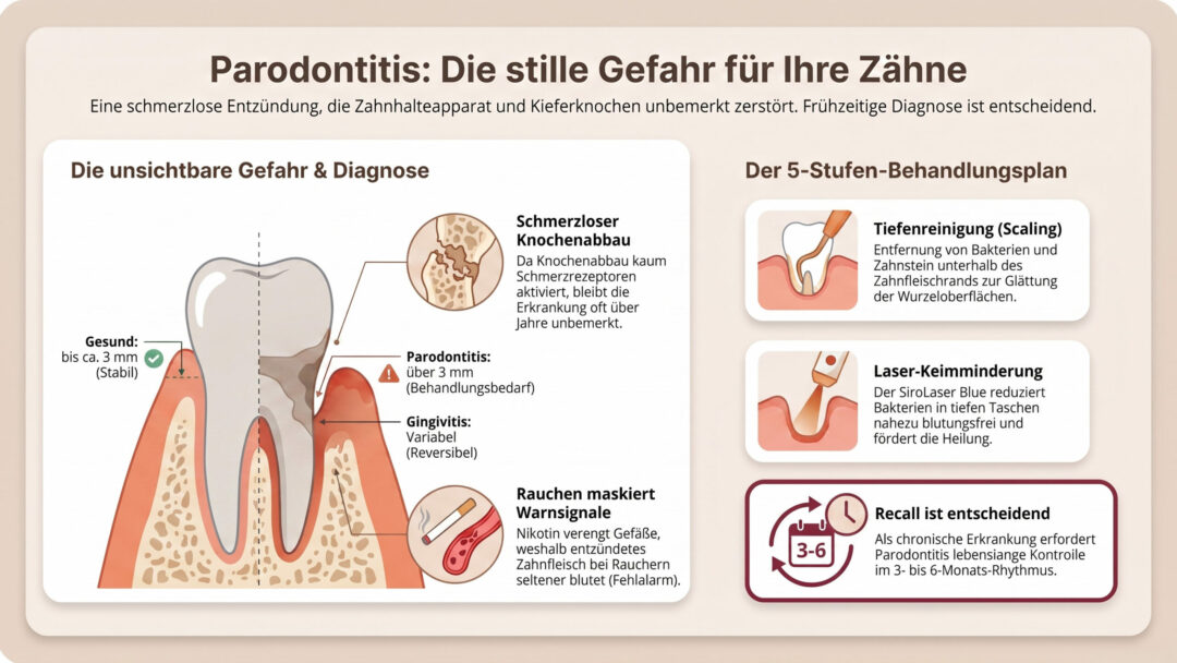 Infografik auf Deutsch zum Thema Parodontitis. Zeigt einen gesunden Zahn im Vergleich zu einem entzündeten Zahn, hebt Risiken hervor und stellt einen 5-stufigen Behandlungsplan vor, wobei Symbole und Text die einzelnen Phasen sowie die Bedeutung einer frühzeitigen Diagnose erläutern.
