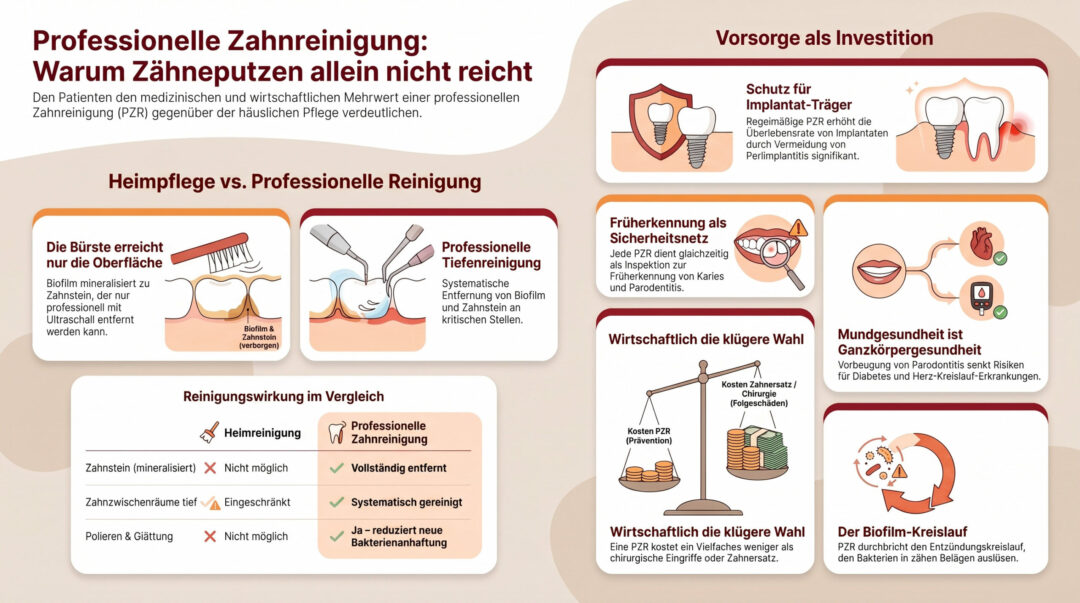Die Infografik vergleicht die häusliche Zahnpflege mit der professionellen Zahnreinigung und zeigt die Vorteile der Prophylaxe, wirtschaftliche Aspekte, den Zahnerhalt durch Implantate sowie den Kreislauf der Biofilmbildung und deren professionelle Entfernung auf.