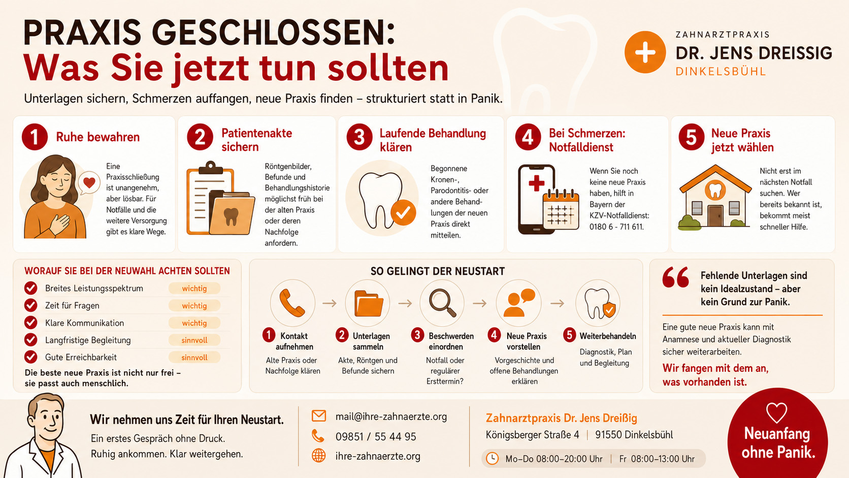 Infografik mit Tipps zum Verhalten bei geschlossener Zahnarztpraxis, illustriert mit Symbolen für Ruhe, Patientenakte, Behandlung, Schmerznotfall, Wahl einer neuen Praxis und Kontaktdaten von Dr. Jens Dreissig, Dinkelsbühl.