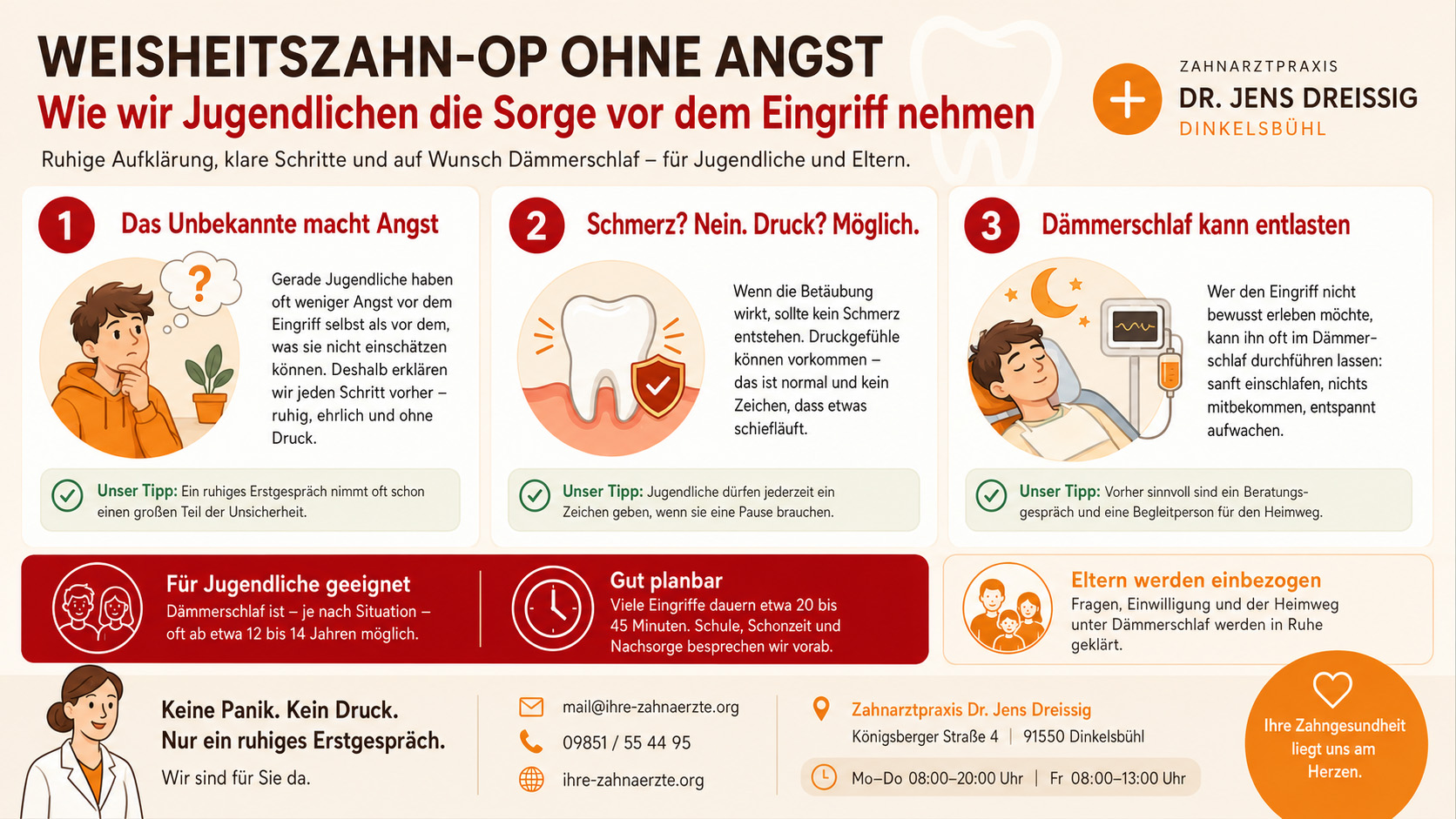 Infografik auf Deutsch zum Thema Weisheitszahnentfernung, in der die Ursachen von Ängsten, die Schmerzbehandlung, Möglichkeiten der Sedierung sowie Tipps zur Beruhigung für Jugendliche und Eltern erläutert werden. Enthält die Kontaktdaten des Zahnarztes Dr. Jens Dreissig in Dinkelsbühl.